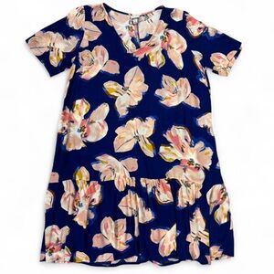 A New Day Blue Tropical Floral Print Short Sleeve Drop Waist Dress Women Medium
